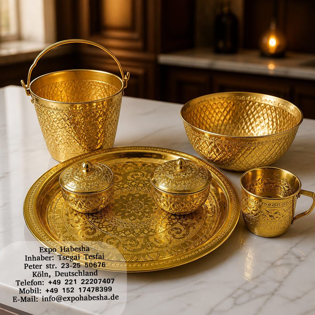 Meqedahi Bun Servierset goldfarben (Tablett, Eimer, Becher)